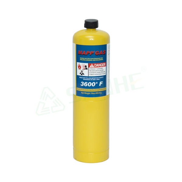 Yellow MAPP gas cylinder with warning label, used for welding and soldering applications, capable of reaching 3600°F temperature.